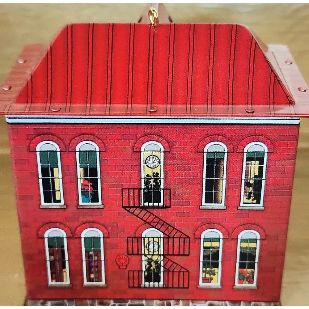 2003 Hallmark Schoolhouse and Flagpole Tin House Keepsake Ornament In Box
